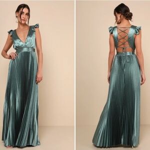 LULU's Sexy Prom Wedding Flowy Romantic Ruffle Corset Tie Back Maxi Dress